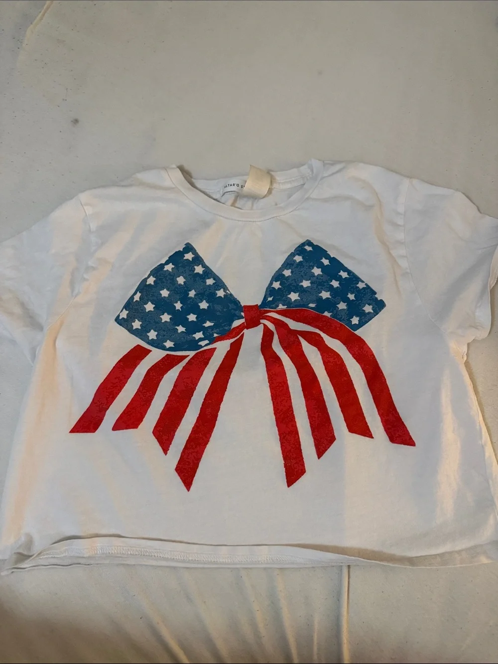 Altar'd State White Tee with Red & Blue Flag Bow